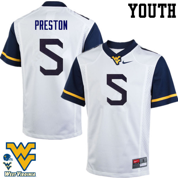 Youth #5 Xavier Preston West Virginia Mountaineers College Football Jerseys-White - Click Image to Close